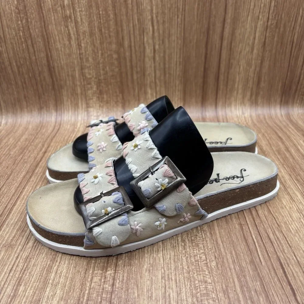 Free People Wildflowers 40 / 10 Embroidered Sandals Floral Beige Tan‎ Buckle